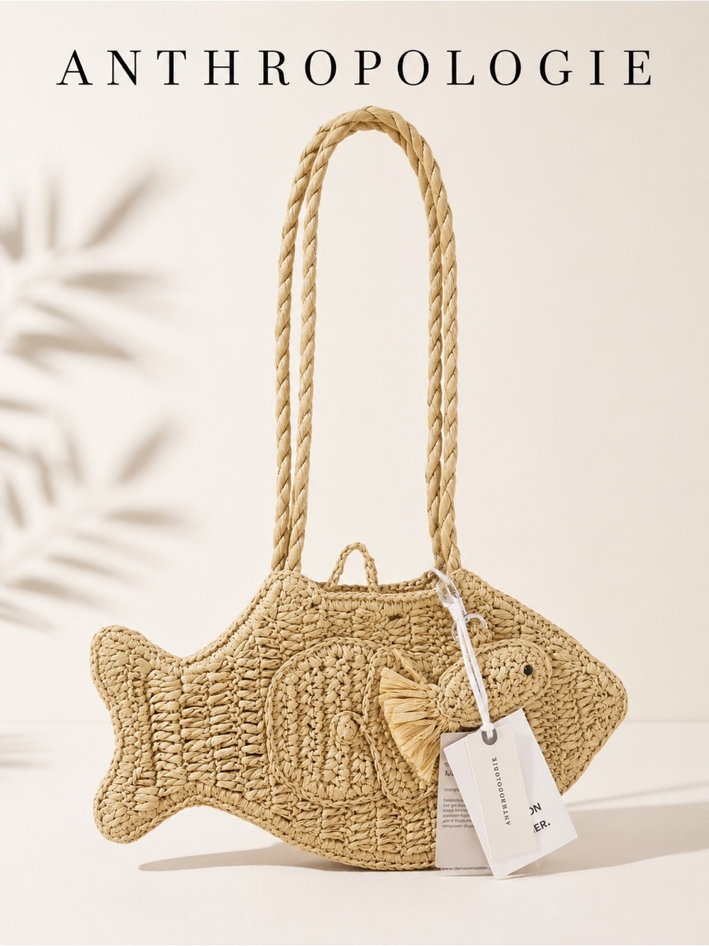 Anthropologie Fish Raffia Tote Bag NWT Woven Beach Purse - Picture 2 of 6